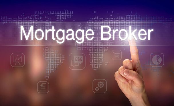 Mano maschile selezionando Mortgage Broker pulsante sullo schermo chiaro con sfondo sfocato
 - Foto, immagini