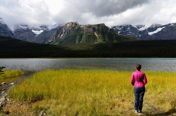 Канадский пейзаж с голубым и белым небом, горы, лес, озеро или река и открытые поля, где кто-то наслаждаться видом
 - Фото, изображение