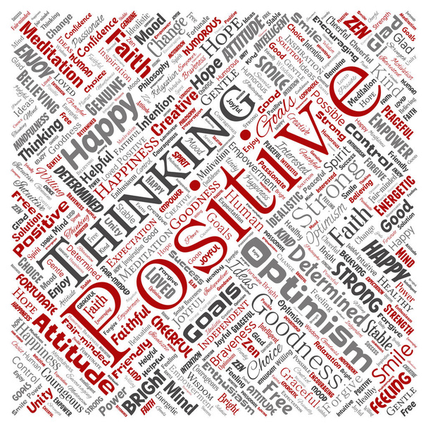 Vector conceptual positive thinking, happy strong attitude square red word cloud isolated on background. Collage of optimism smile, faith, courageous goals, goodness or happiness inspiration - Vector, Image