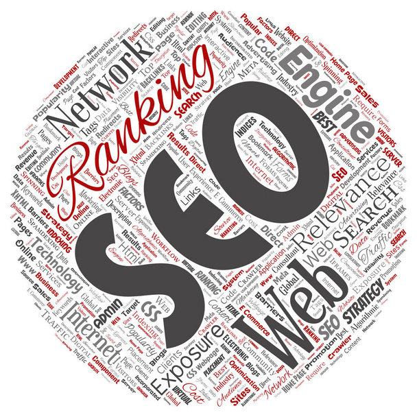 Vector conceptual de optimización de motores de búsqueda top rank seo round circle red online internet word cloud text isolated on background. Estrategia de marketing contenido de la página web relevancia concepto de red
 - Vector, imagen