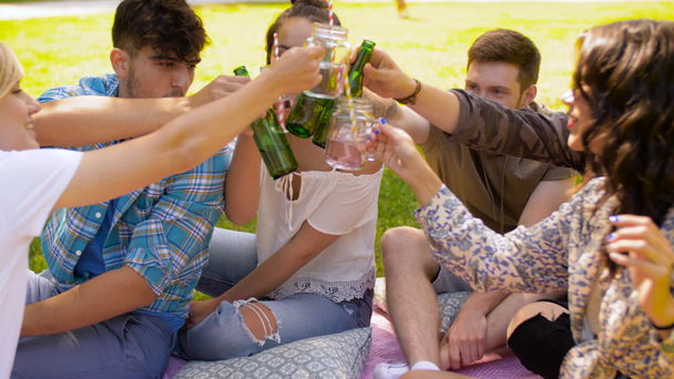 onnellisia ystäviä clinking juomia kesäpuistossa
 - Materiaali, video