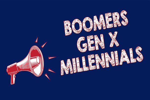 Tekstiä kirjoitetaan Boomers Gen X Millennials. Liiketoiminta käsite yleisesti pidetään noin kolmekymmentä vuotta Megafone kaiutin sininen tausta tärkeä viesti puhuu kovaa
 - Valokuva, kuva