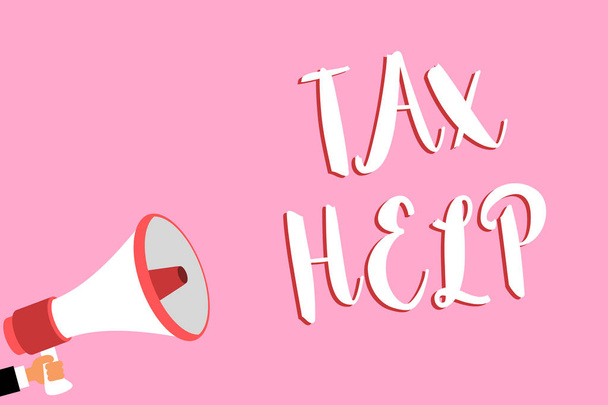 Sana kirjoittaa tekstiä Tax Help. Liiketoiminta käsite Avustus pakollisesta maksuosuudesta valtion tuloihin Megafoni kovaääninen kirkuva huuto idea puhe puhe puhe kuuntele
 - Valokuva, kuva