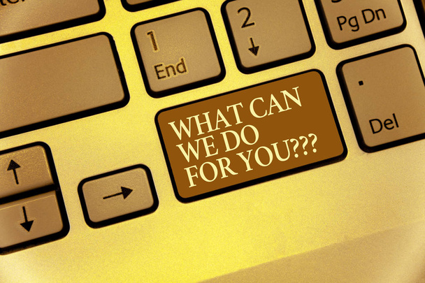 Was können wir für Sie tun, wenn Sie Fragen stellen? Konzept bedeutet, wie kann ich helfen, Tastatur braune Taste Absicht erstellen Computer Computing Reflexionsdokument - Foto, Bild