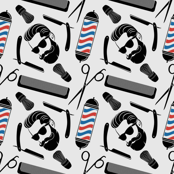Парикмахерский фон, бесшовный узор с парикмахерскими ножницами, щеткой для бритья, бритвой, расческой, лицом хипстера и парикмахерской. Векторная иллюстрация
 - Вектор,изображение