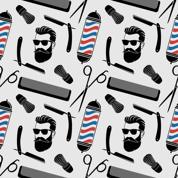 Перукарський фон, безшовний візерунок з перукарськими ножицями, пензлем для гоління, бритвою, гребенем, гіпсокартоном та перукарським полюсом. Векторні ілюстрації
 - Вектор, зображення