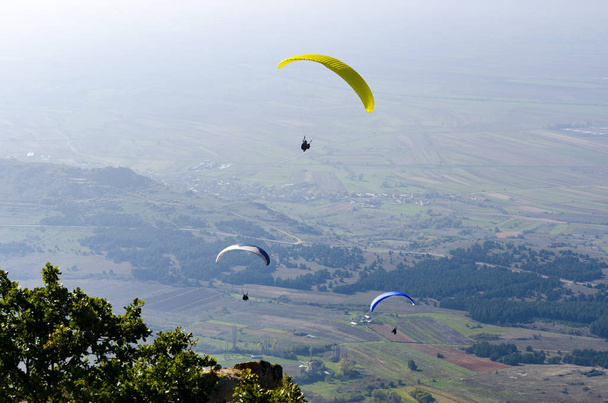 paragliders flying over valley in summer sunny day - Foto, imagen