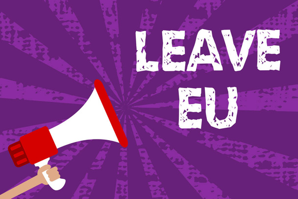 Κείμενο πινακίδα που δείχνει αφήστε της ΕΕ. Εννοιολογική φωτογραφία πράξη ενός προσώπου να εγκαταλείψει μια χώρα που ανήκει στην Ευρώπη Grunge τηλεβόα μεγάφωνο δυνατά ουρλιάζοντας κραυγή talk ακτίνες ομιλία - Φωτογραφία, εικόνα