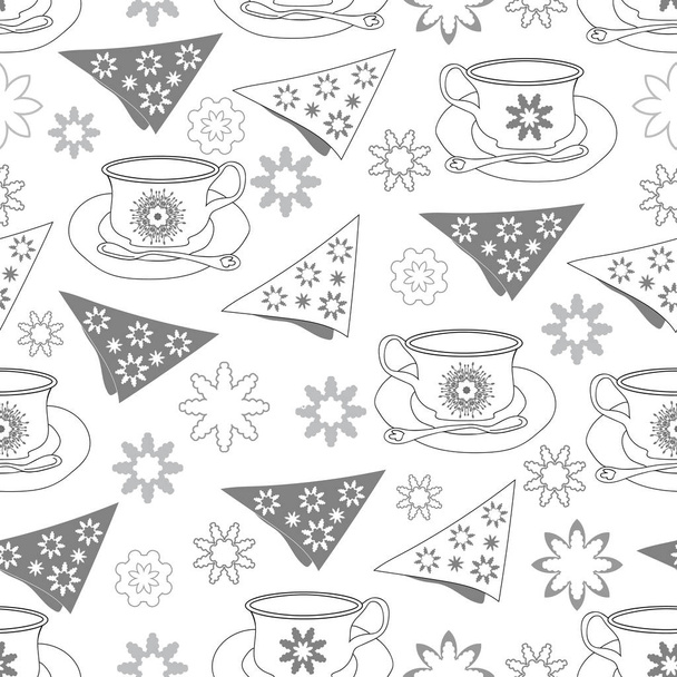 Teetassen Servietten Blumen und Schnee-Garten-Tee-Party, nahtlose Wiederholung Muster. Musterhintergrund. Oberflächenmuster in schwarz weiß und grau. perfekt für Stoff, Scrapbooking, - Vektor, Bild