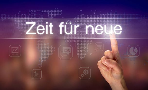 Mano masculina seleccionando el botón Zeit fr neue (Time for new) en pantalla clara con fondo borroso
 - Foto, Imagen