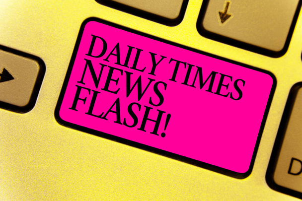 Writing note showing Daily Times News Flash. Business photo showcasing fast response to actions happened in article way Keyboard pink key Intention computer computing reflection document - Photo, Image