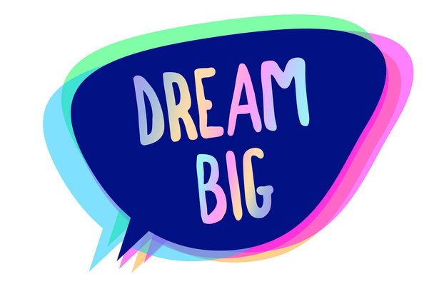 Tekst pisma ręcznego pisania Dream Big. Pojęcia, co oznacza, aby pomyśleć o czymś wysokiej wartości, które chcesz osiągnąć mowy Bańka pomysł komunikat przypomnienia niebieskie cienie ważna intencja - Zdjęcie, obraz