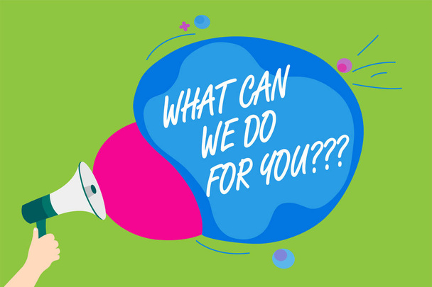 Handwriting text What Can We Do For You question question question. Concept meaning how may I help assist Man holding Megaphone loudspeaker screaming talk colorful speech bubble - Photo, Image