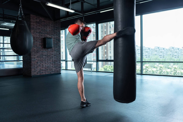Professional boxer working in modern gym with city view - Zdjęcie, obraz