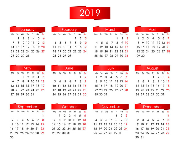 Kalender für 2019 mit Elementen der Infografik helle scharlachrote Farbe, Woche beginnt am Montag - Vektor, Bild