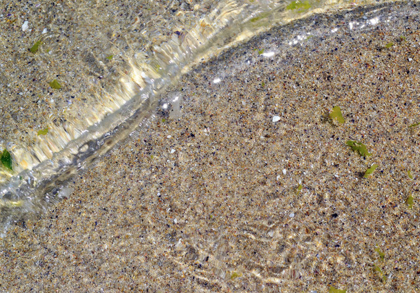 Makro: yaz ışık marine surf düz sahilde. Hareketli dalga olarak bir büyüteç vardır kum ve yeşil algler parçalarını taneleri - Fotoğraf, Görsel