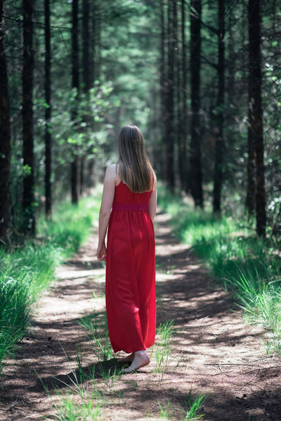 Ξανθιά γυναίκα στο κόκκινο φόρεμα στο δασικό μονοπάτι. - Φωτογραφία, εικόνα