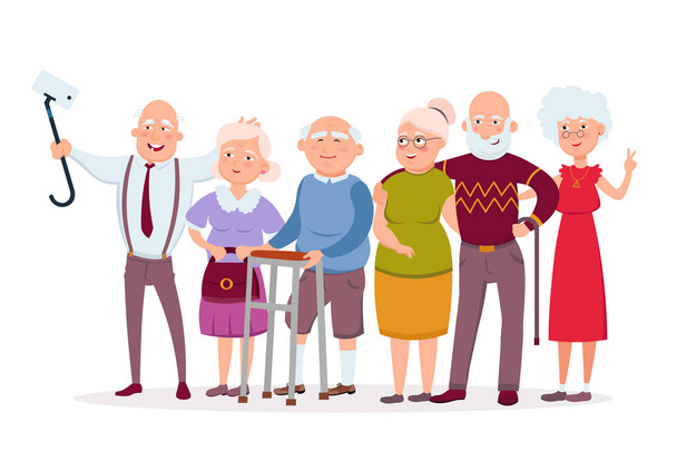 Set di allegri hipster anziani che si riuniscono e si divertono, vecchi e donne fanno personaggi dei cartoni animati selfie vector. Divertente anziani concetto di illustrazione in design piatto isolato su bianco
 - Vettoriali, immagini