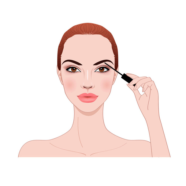 beautiful woman applying mascara makeup on eyes by brush, woman applying black mascara on eyelashes with makeup brush - Вектор,изображение