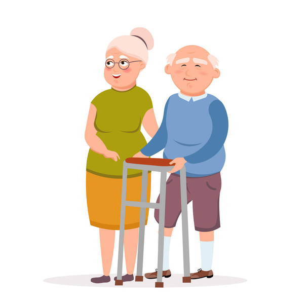 Dvě roztomilé starších stáli vektorové ilustrace plochý. Starší dáma a starý muž kreslené postavičky s úsměvem a s datem izolované na bílé pozadí. - Vektor, obrázek