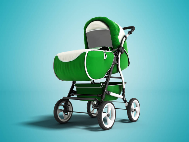 Chariot bébé vert moderne pour tout temps avec inserts blancs rendu 3d sur fond bleu avec ombre
 - Photo, image