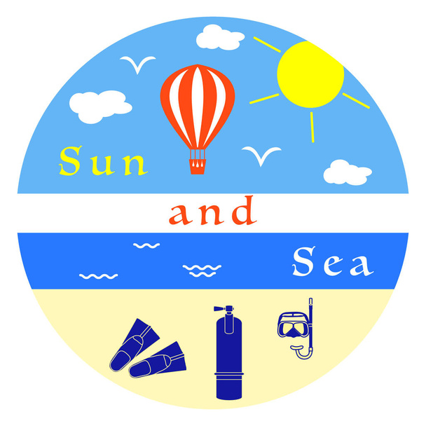 太陽、雲、鳥、海、波、ビーチ、マスク、チューブ、フィン、酸素タンクは空気バルーンです。デザイン、印刷用テンプレート. - ベクター画像