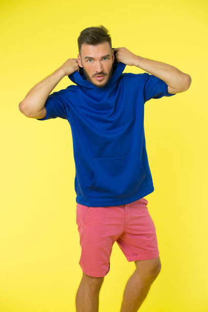 Energetic concept. Energetic man in casual wear on yellow background. Fashion for energetic you. Energetic and active - Φωτογραφία, εικόνα