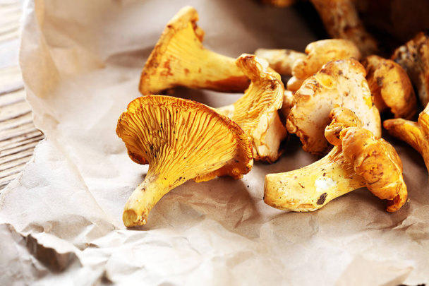 Mushrooms chanterelle on table. Raw wild mushrooms chanterelles. Composition with wild mushroom. - Photo, Image