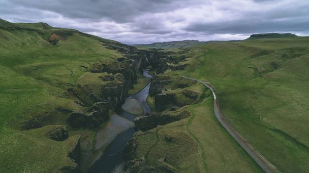 fjadrargljufur iceland aerial view with clouds drone - Photo, Image