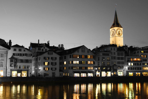 Zurich St Peter church at blue hour, partly colored - Photo, Image