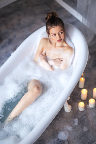 top view photo of sexy girl lying on the tub along.loneliness concept - Fotografie, Obrázek