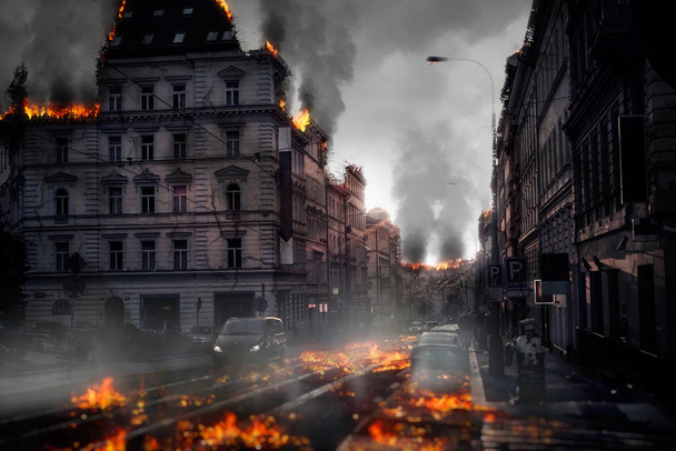 Elpusztult város koncepció. Digitális illusztráció - Fotó, kép