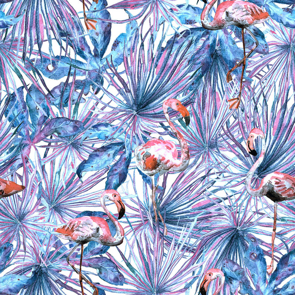 Flamingo pattern. Summer watercolor background. - Фото, изображение