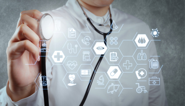 Gezondheidszorg en medische diensten concept met platte lijn Ar interface.smart arts en technologie als medische concept - Foto, afbeelding