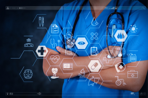 Concepto de atención médica y servicios médicos con interfaz AR de línea plana.smart doctor y tecnología como concepto médico
 - Foto, imagen