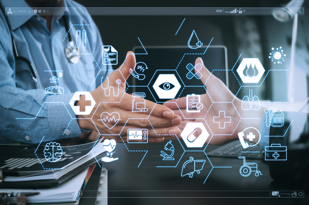 Health care and medical services concept with flat line AR interface.Medical and health care concept,Doctor and patient shaking hands in modern office at hospital                                - Photo, Image