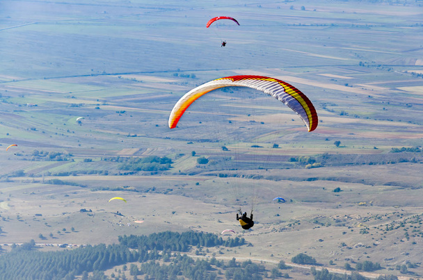 paragliders flying over valley in summer sunny day - Fotografie, Obrázek