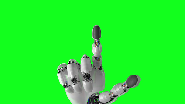 Robotic Hand Presses on the Screen on a White and Green Backgrounds. Beautiful 3d animation with a pass of depth of field. 4K - Filmati, video