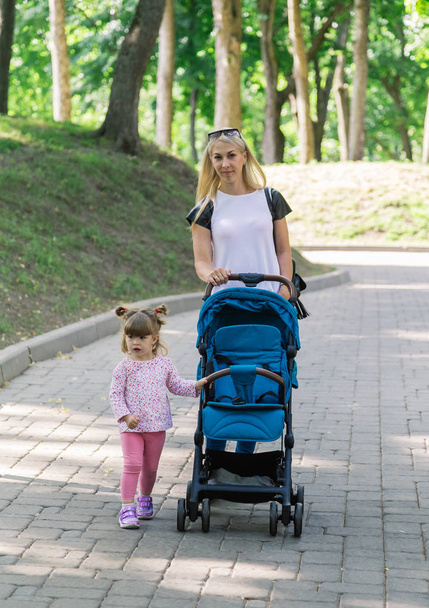 Mother walking while pushing a stroller in the park - Foto, Imagem