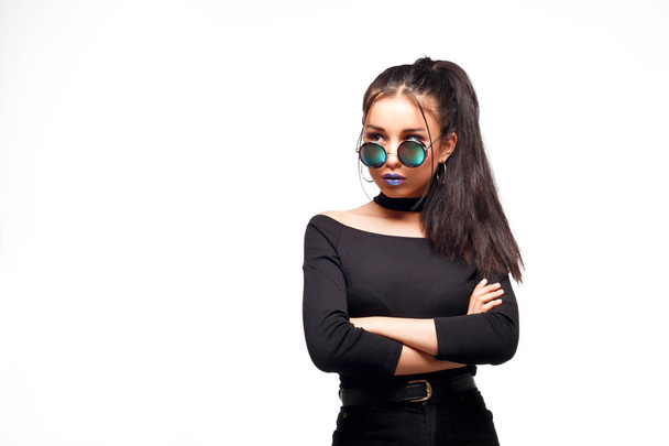 Portrait of cool crazy brunette fashionable girl in sunglasses, casual hairdo on white background. Woman like bitch with pretty makeup big lips - Zdjęcie, obraz