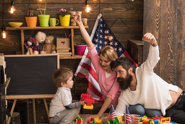 Family reunion. Family reunion for independence day. Family reunion with american flags in preschool. National holiday celebration with family reunion. United we stand - Φωτογραφία, εικόνα
