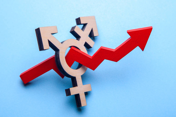 Symbol of transgender and red arrow of growth graph up on blue. Growth of people with change of gender - Photo, Image