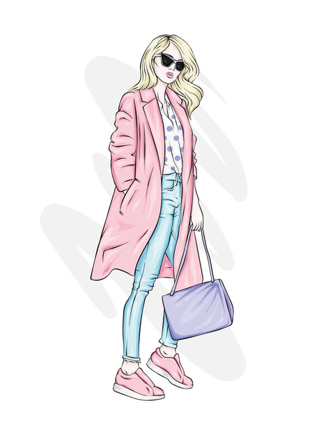 Beautiful, tall and slender girl in a stylish coat, trousers, glasses, with glasses. Stylish woman in high-heeled shoes. Fashion & Style. Vector illustration. - ベクター画像