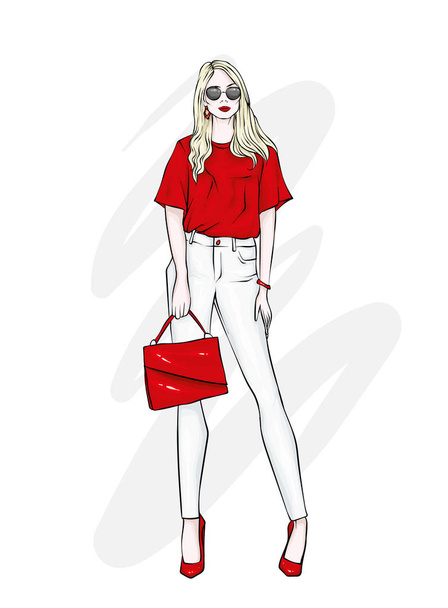 Beautiful high in pants, glasses and a shirt. Stylish clothes and accessories. Fashionable woman. Vector illustration. Fashion & Style. Fashion look. - Vettoriali, immagini