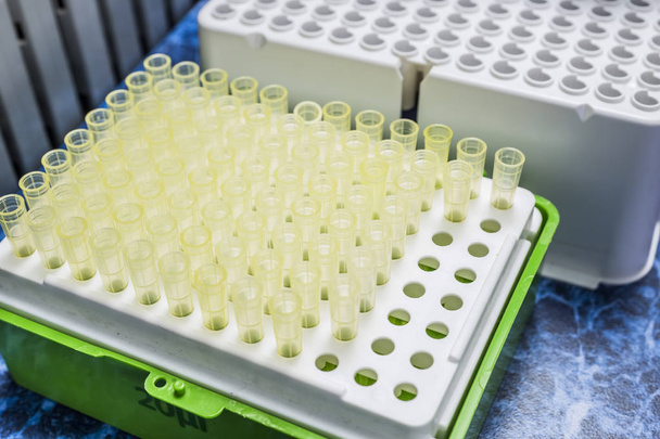 PCR-Behälterheizplatte mit einer Reihe von Reagenzgläsern mit entnommenem DNA für Polymerase - Foto, Bild