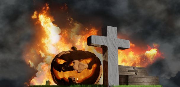 ハロウィーン カボチャ墓棺と火の炎背景 3 d イラスト - 写真・画像