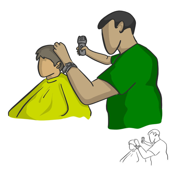 male barber cutting hair of a client vector illustration sketch doodle hand drawn with black lines isolated on white background - Vector, Image