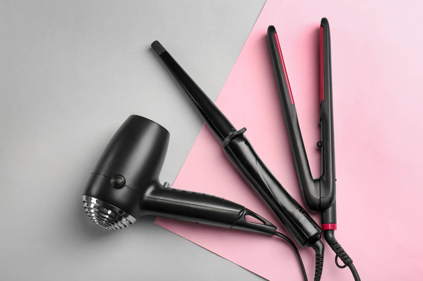 Professional hairdresser's equipment on color background - Photo, image