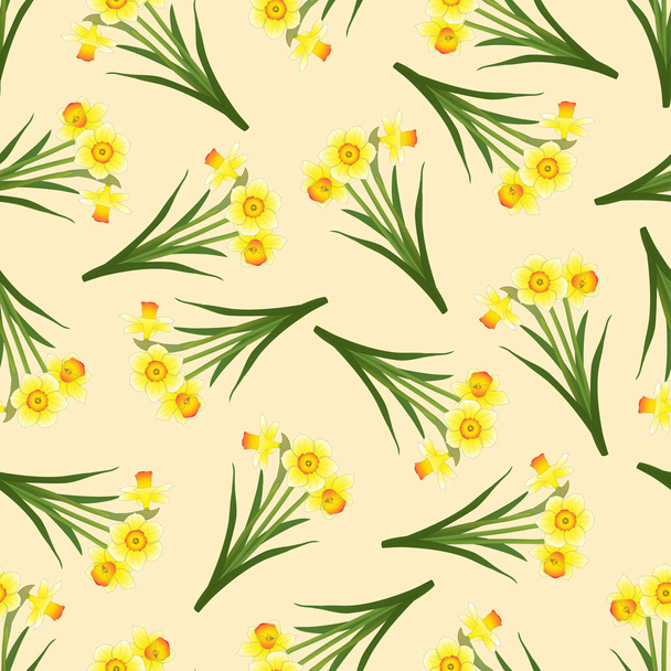 Yellow Daffodil - Narcissus Seamless on Beige Ivory Background. Vector Illustration. - Vector, Image