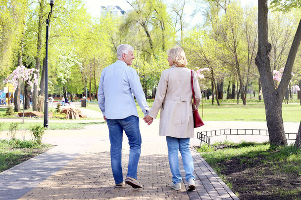 Couple d'âge mûr marche dans le parc le jour du printemps
 - Photo, image
